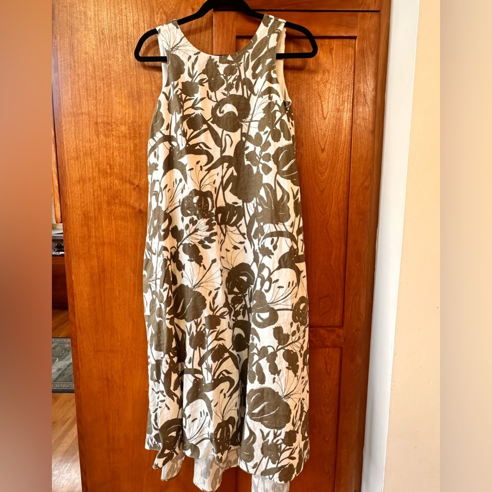 Pure Linen Floral Crew Neck Midi Shift Dress